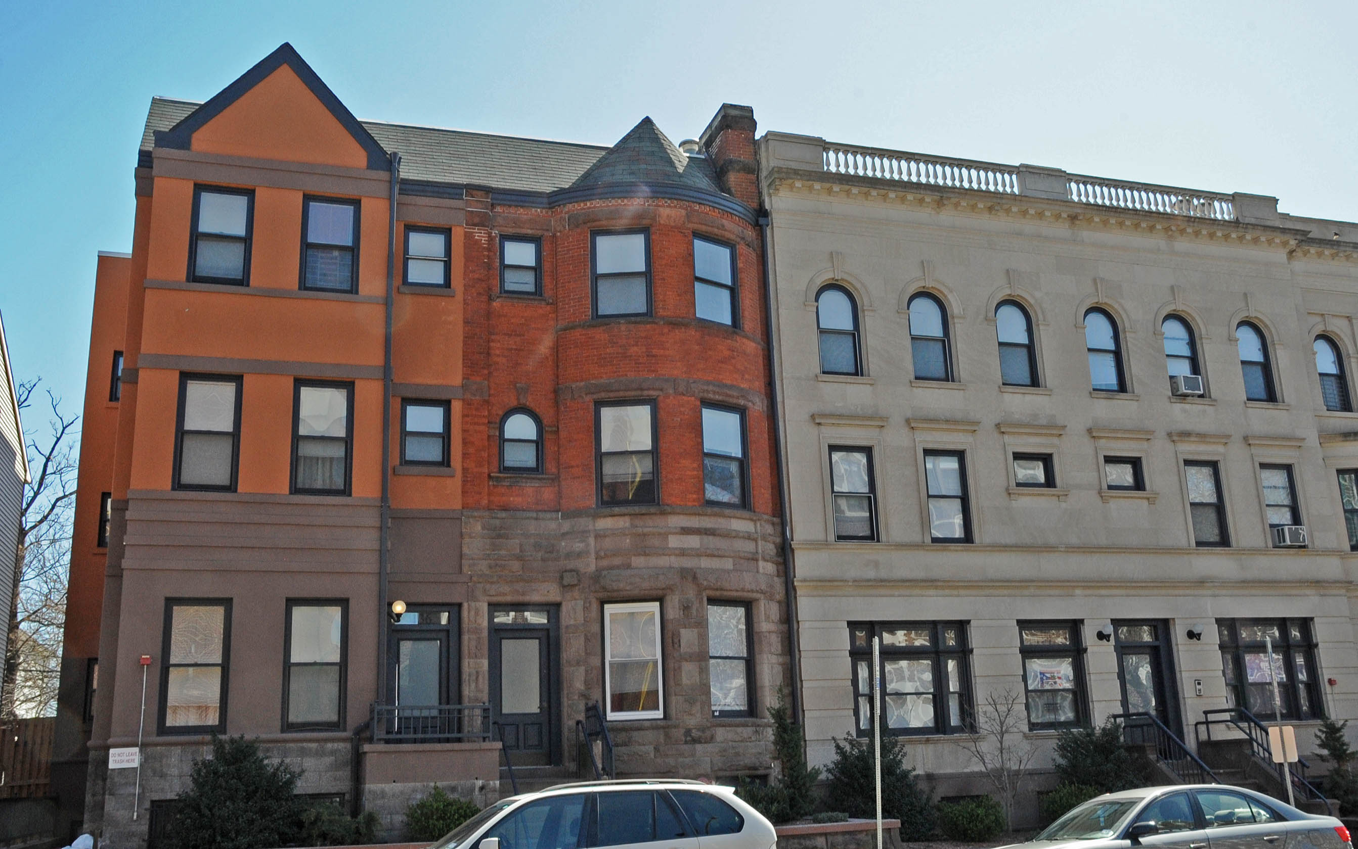 Historic brick and stone row houses on North Broad Street in Newark, New Jersey